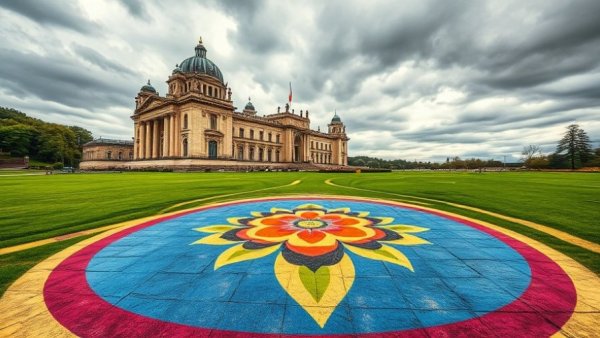 Monument in Kansas City with colorful painting on grass, cloudy sky