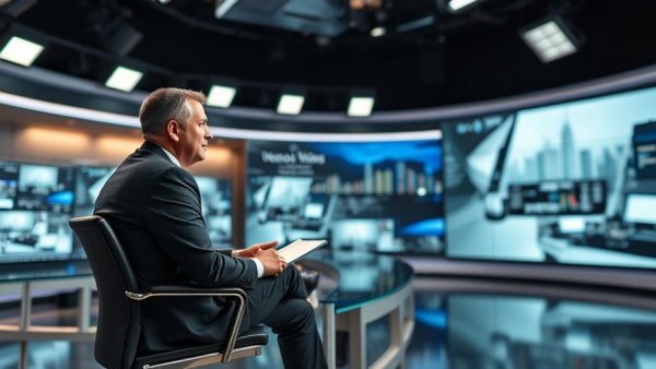 News anchor delivering broadcast in Kansas City studio, representing local living.