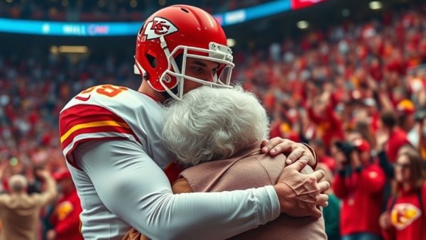 Kansas City Chiefs player embraces a fan, stadium setting.