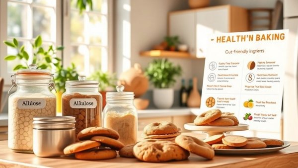 Gut-friendly baking ingredients like allulose and monk fruit in a kitchen setting.
