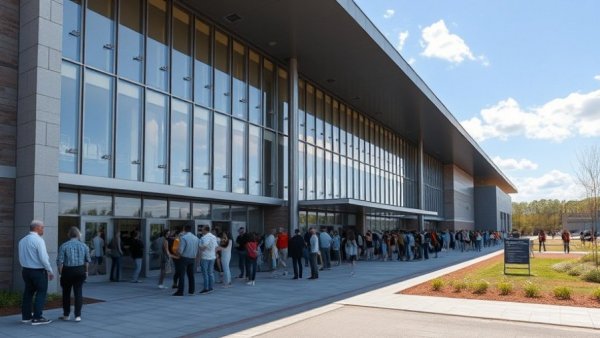 Modern prison exterior with people outside in Kansas City neighborhood.