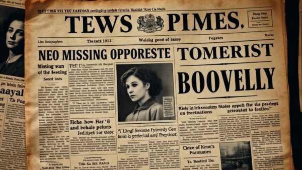 Vintage newspaper collage highlights Mrs. Christie's mystery.