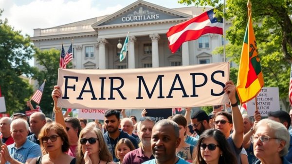 Protesters at Missouri Supreme Court with Fair Maps banner.