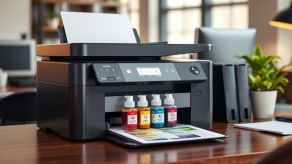 Refillable tank printer setup demonstrating savings and efficiency.