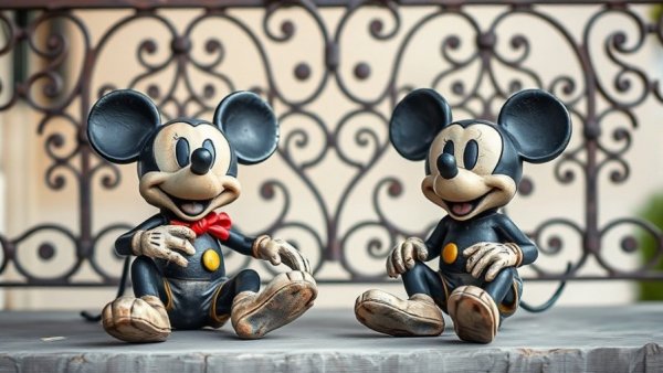 Weathered Mickey Mouse statues on a porch in a Kansas City neighborhood.