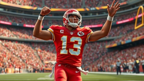 Kansas City Chiefs player celebrating with crowd in stadium background