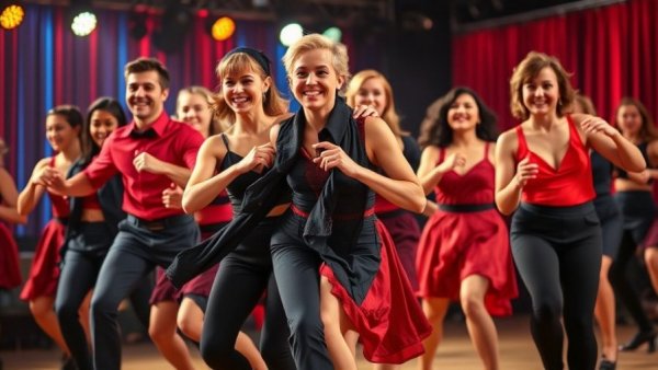 Energetic tap dance performance in Kansas City with dancers in red.