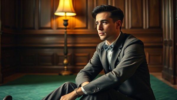 Young man in retro outfit sitting on carpet in a wood-paneled room.