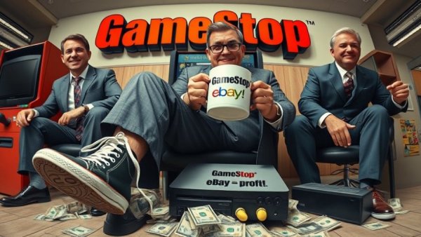 Creative collage depicting business executives and gaming with 'GameStop + eBay = Profit!'