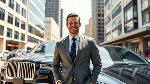 Smiling businessman in Kansas City neighborhood standing next to a luxury vehicle.