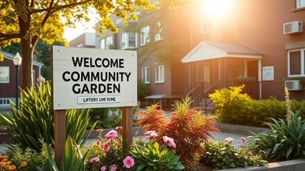 Columbus Park community garden in Kansas City neighborhood, vibrant with flowers.
