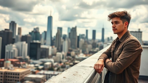 Casual rooftop shot of young man in urban setting under sunlight.