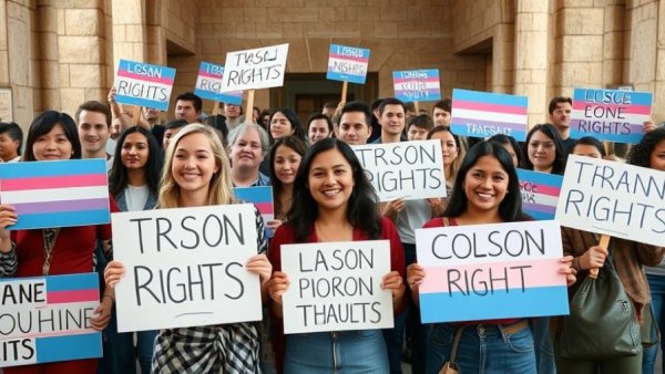 Diverse group at Kansas City event holding trans rights signs.
