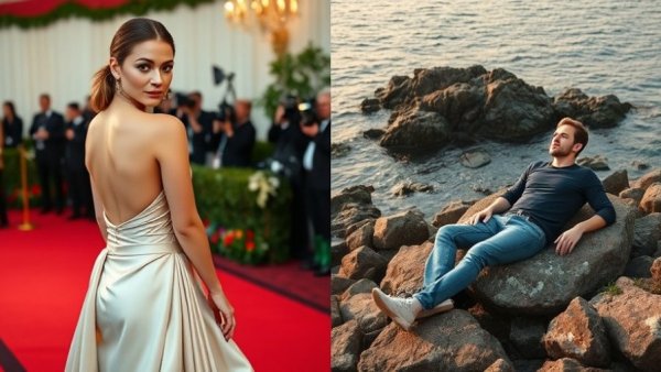 Contrasting influencer styles: glamorous event and seaside relaxation, AI influencer salaries.