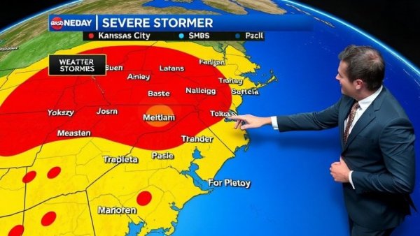 Kansas City neighborhoods on weather map with storm warnings.