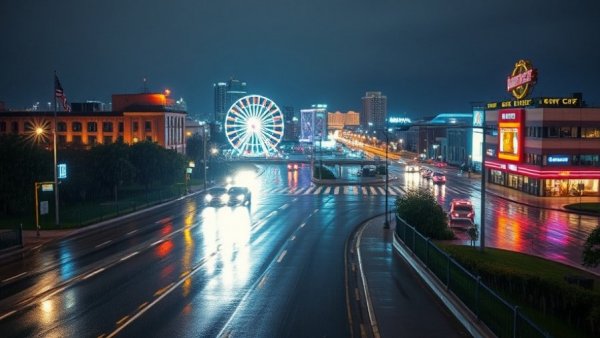 Kansas City community news: rainy night cityscape with vibrant lights after storms.