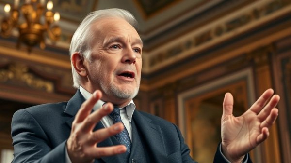 Elderly man delivering a passionate speech in a formal setting.