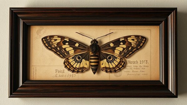 Detailed vintage moth painting in dark wooden frame.
