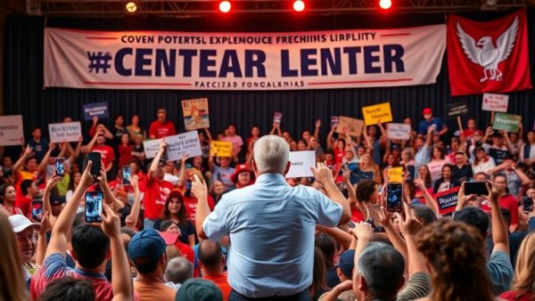 AOC's endorsement power at a vibrant political rally with diverse speakers.