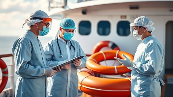 Healthcare workers in protective gear during hantavirus outbreak on cruise ship.