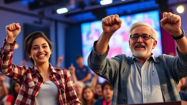 AOC's endorsement power at a lively political event with vibrant stage.