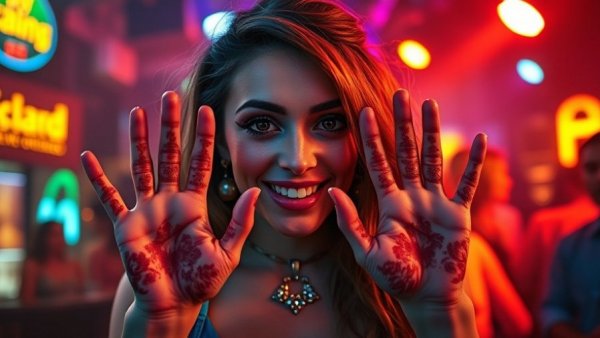 Colorful vibrant Kansas City event scene with expressive young woman's decorated hands.
