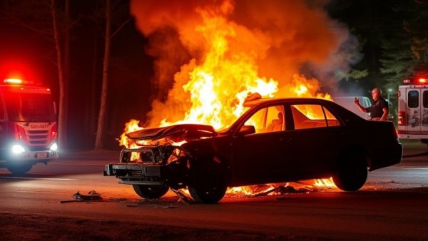 Kansas City neighborhoods crash scene with vehicle fire and emergency response.