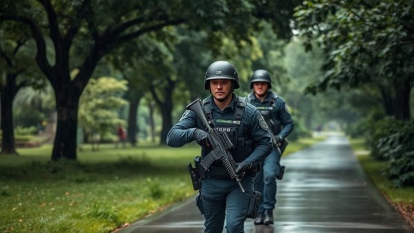Armed security personnel patrolling outdoors near dense greenery.