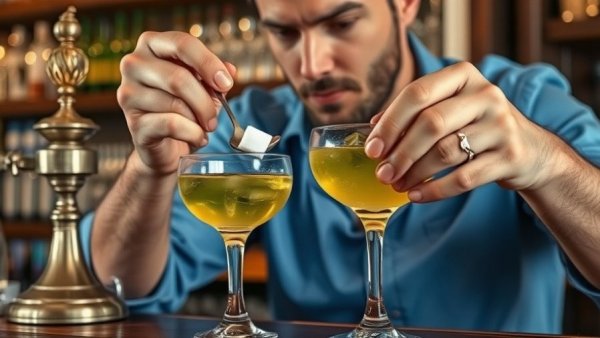 Man preparing absinthe cocktail with sugar in Kansas City bar.