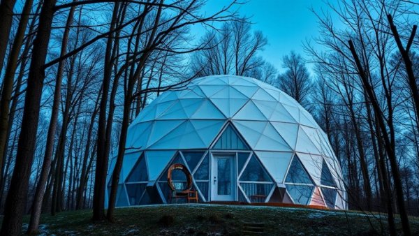 A geodesic dome off I-35 surrounded by trees with triangular windows.