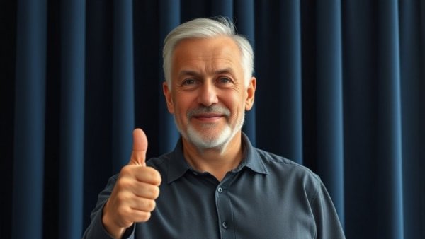 Confident older man giving thumbs up at a news conference.
