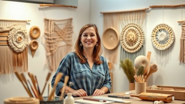 Kansas City local artist with woven artworks at exhibit
