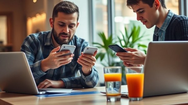 Discussing the value of personal data using smartphones and a laptop.
