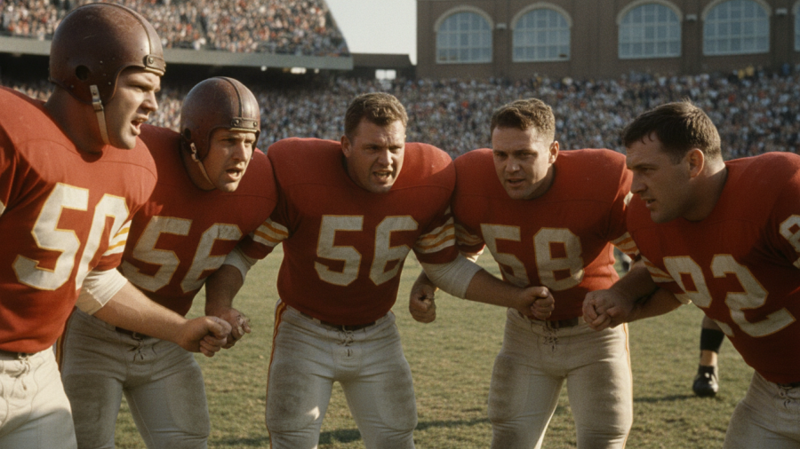 Vintage NFL players in Kansas City jerseys during a team huddle, showcasing Kansas City sports history.