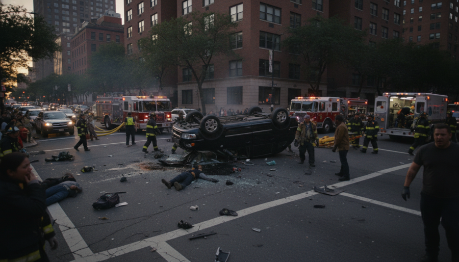Chaotic street scene with responders at human smuggling crash site