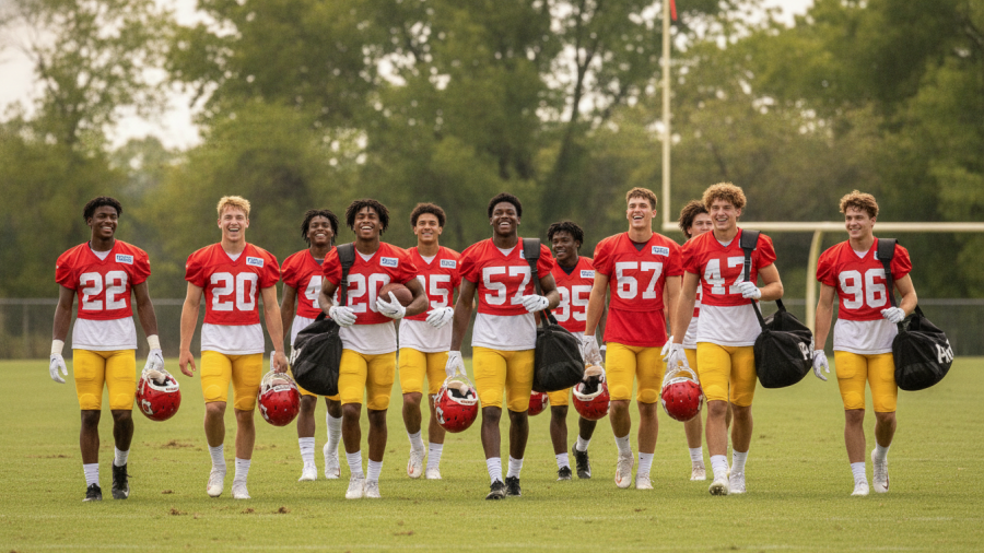 Kansas City Chiefs roster: young players in uniforms training outdoors, showcasing team spirit.