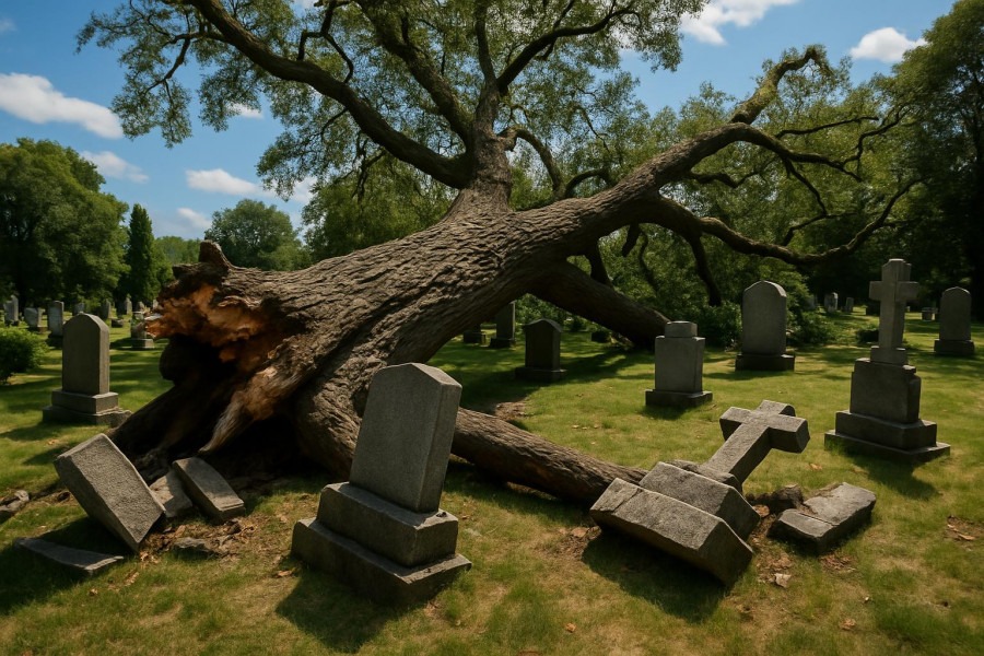 Fallen tree in cemetery damaging gravestones, reflecting Kansas City neighborhoods' nature.