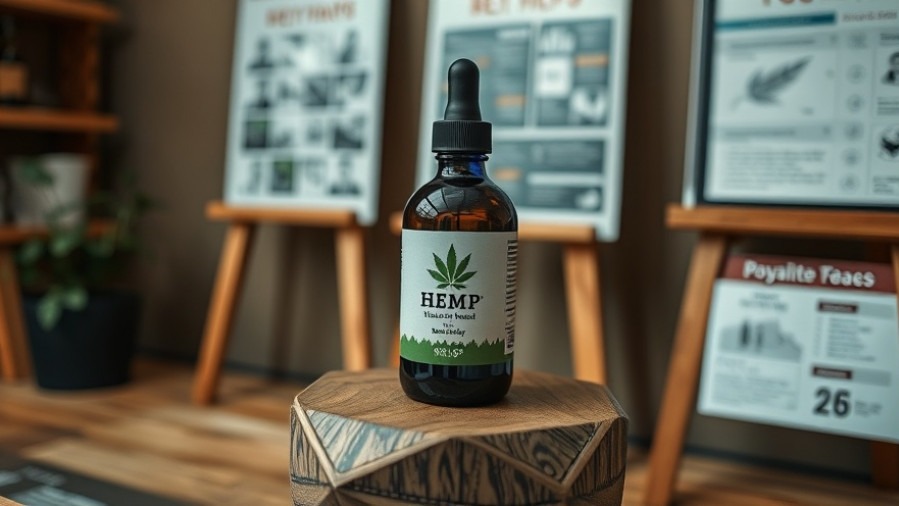 Photorealistic hemp product bottle on wooden stand, showcasing Kansas City local living.