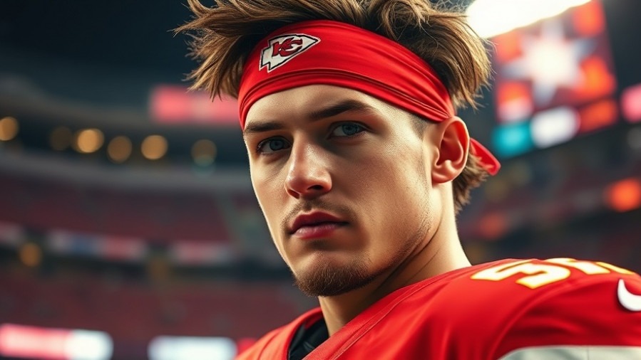 Close-up of Patrick Mahomes, Kansas City Chiefs quarterback, in red jersey with focused expression.