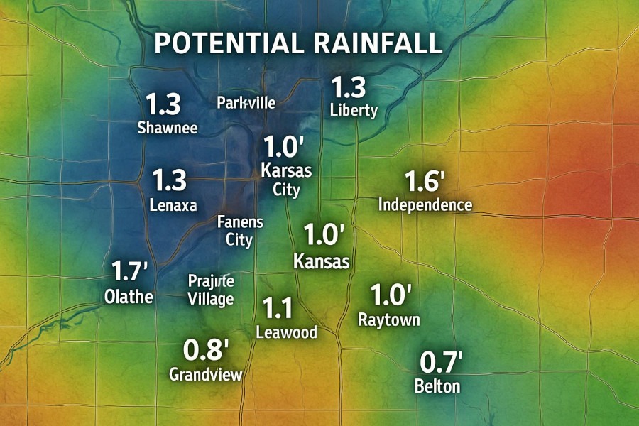 Photorealistic weather map of Kansas City neighborhoods, displaying rainfall amounts.