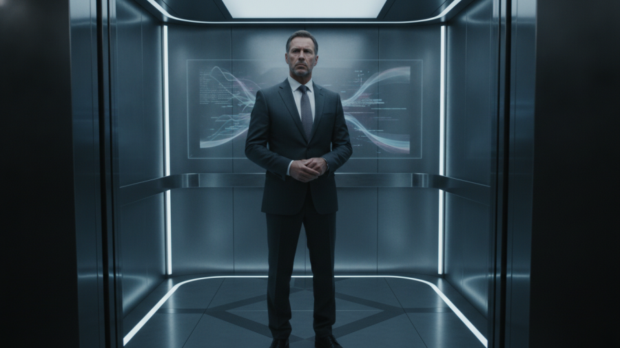 Professional man in suit pondering deepfakes technology implications in a sleek elevator.
