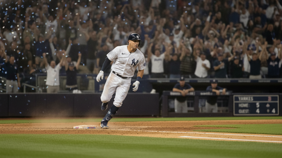 Determined Yankees player running on field during Kansas City baseball event, photorealistic detail.