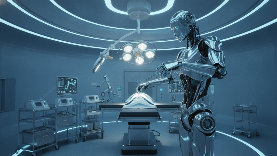 Futuristic surgical robots in a high-tech operating room, showcasing advanced robotics and healthcare innovation.