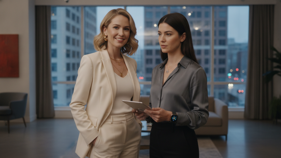 Stylish blonde and brunette women showcasing chic fitness trackers and wellness technology.