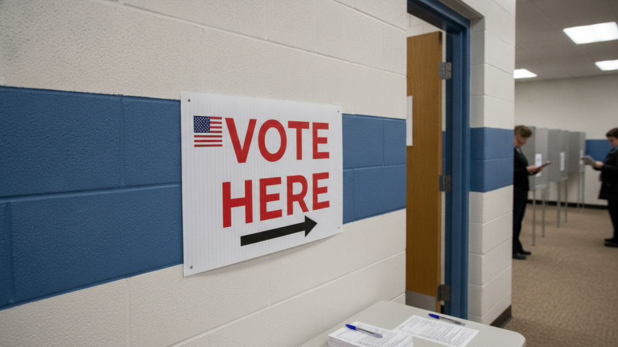 Vote Here sign in Kansas City, showcasing local election outcomes and community engagement.
