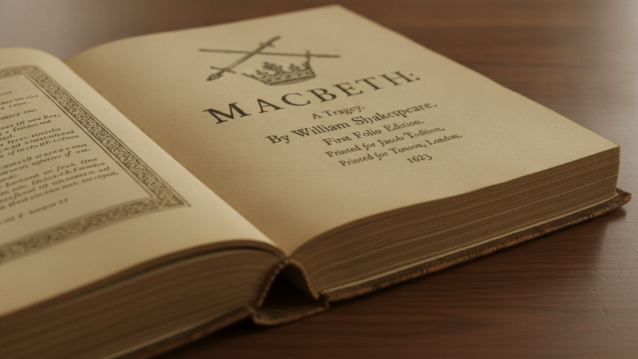 Elegant vintage book open to 'Macbeth' title page, supporting Kansas City local brands.