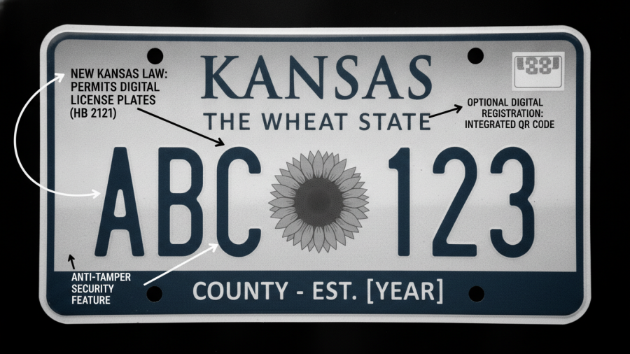 Diagram detailing license plate visibility for traffic enforcement in Kansas.
