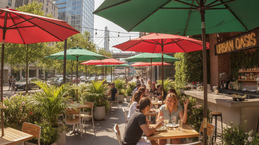 Vibrant outdoor dining in Kansas City, showcasing cafes with lively umbrellas.