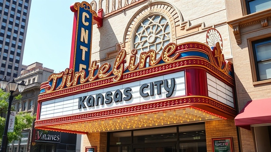 Vintage theater marquee in Kansas City showcasing classic architecture on a clear day