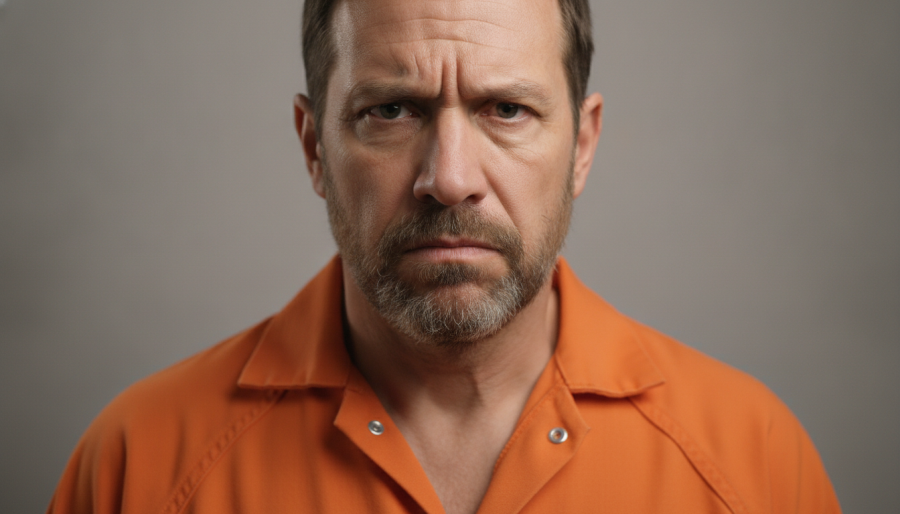 Portrait of a frowning man in an orange jumpsuit, reflecting Kansas City safety concerns.